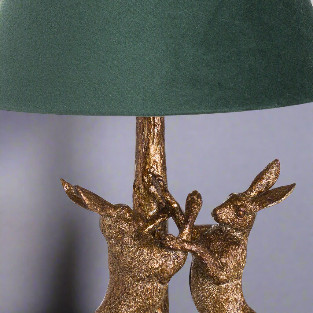 Antique Gold Marching Hares Lamp With Green Velvet Shade