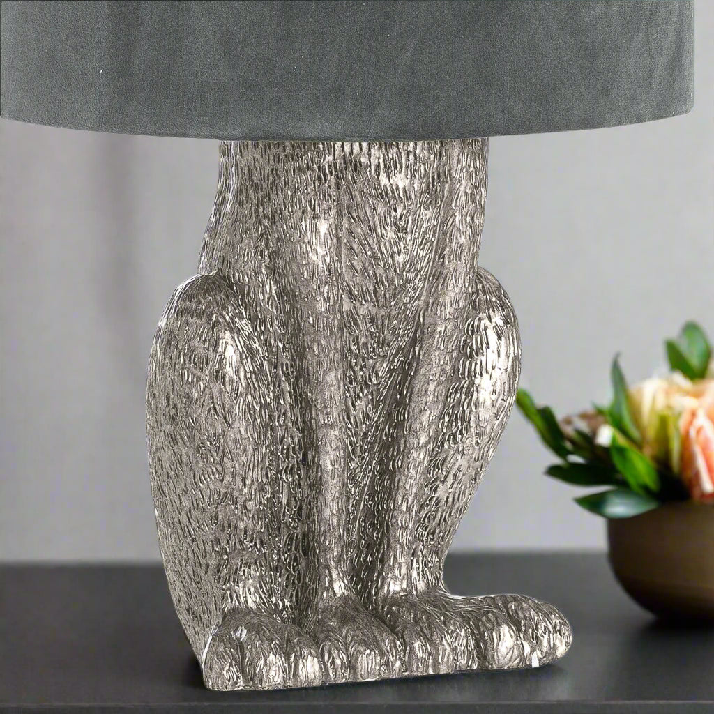 Silver Hare Table Lamp With Grey Velvet Shade