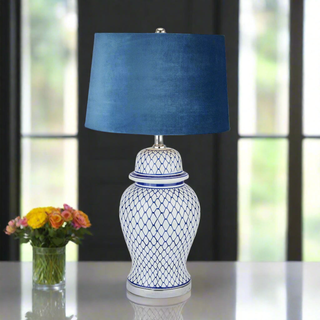 Malabar Blue And White Ceramic Lamp With Blue Velvet Shade