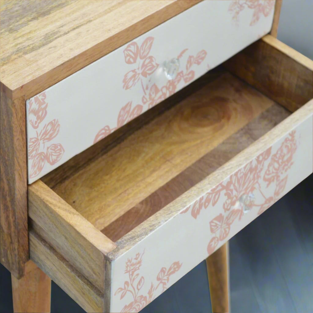 Close-up of the oak-ish finish mango wood bedside table, showing lower drawer drawn out – Purple Flamingo UK