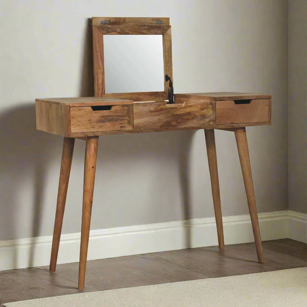 Front angled view of the cut-out natural dressing table, with oak-ish finish showcasing the fold-up mirror open