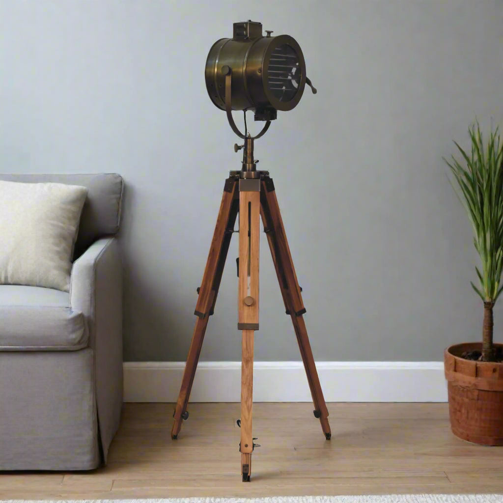 Brass Antique Tripod Fold Spotlight Floor Lamp