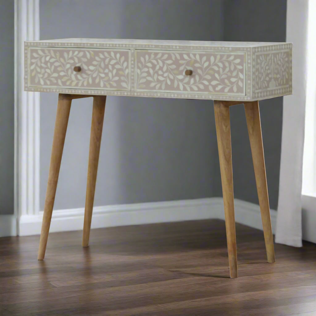 Floral Bone Inlay Console Table - Taupe (Oak-ish Finish)