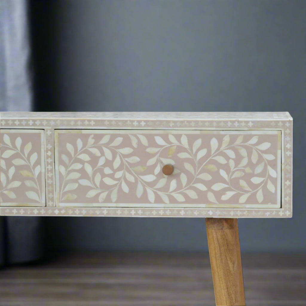 Floral Bone Inlay Console Table - Taupe (Oak-ish Finish)