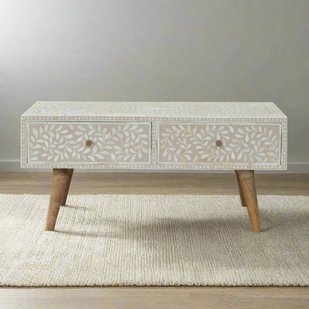 Floral Bone Inlay Drawer Coffee Table - Taupe (Oak-ish Finish)