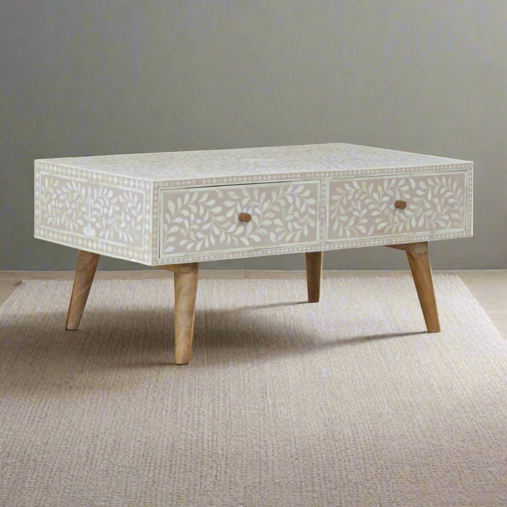 Floral Bone Inlay Drawer Coffee Table - Taupe (Oak-ish Finish)