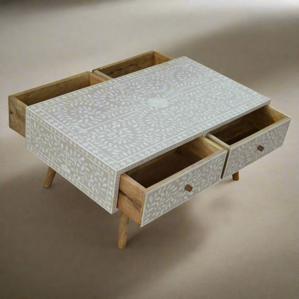 Floral Bone Inlay Drawer Coffee Table - Taupe (Oak-ish Finish)