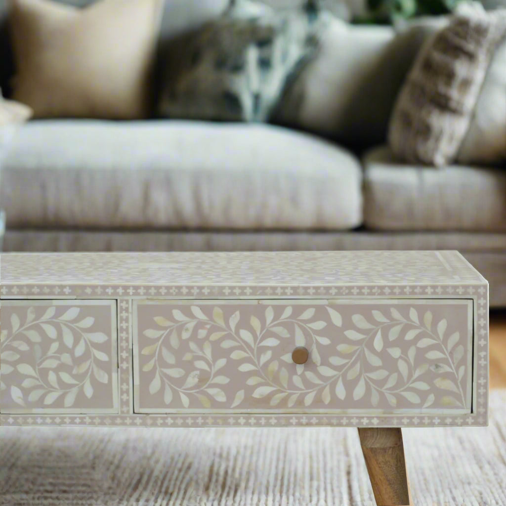 Floral Bone Inlay Drawer Coffee Table - Taupe (Oak-ish Finish)