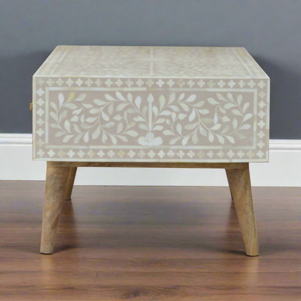 Floral Bone Inlay Drawer Coffee Table - Taupe (Oak-ish Finish)