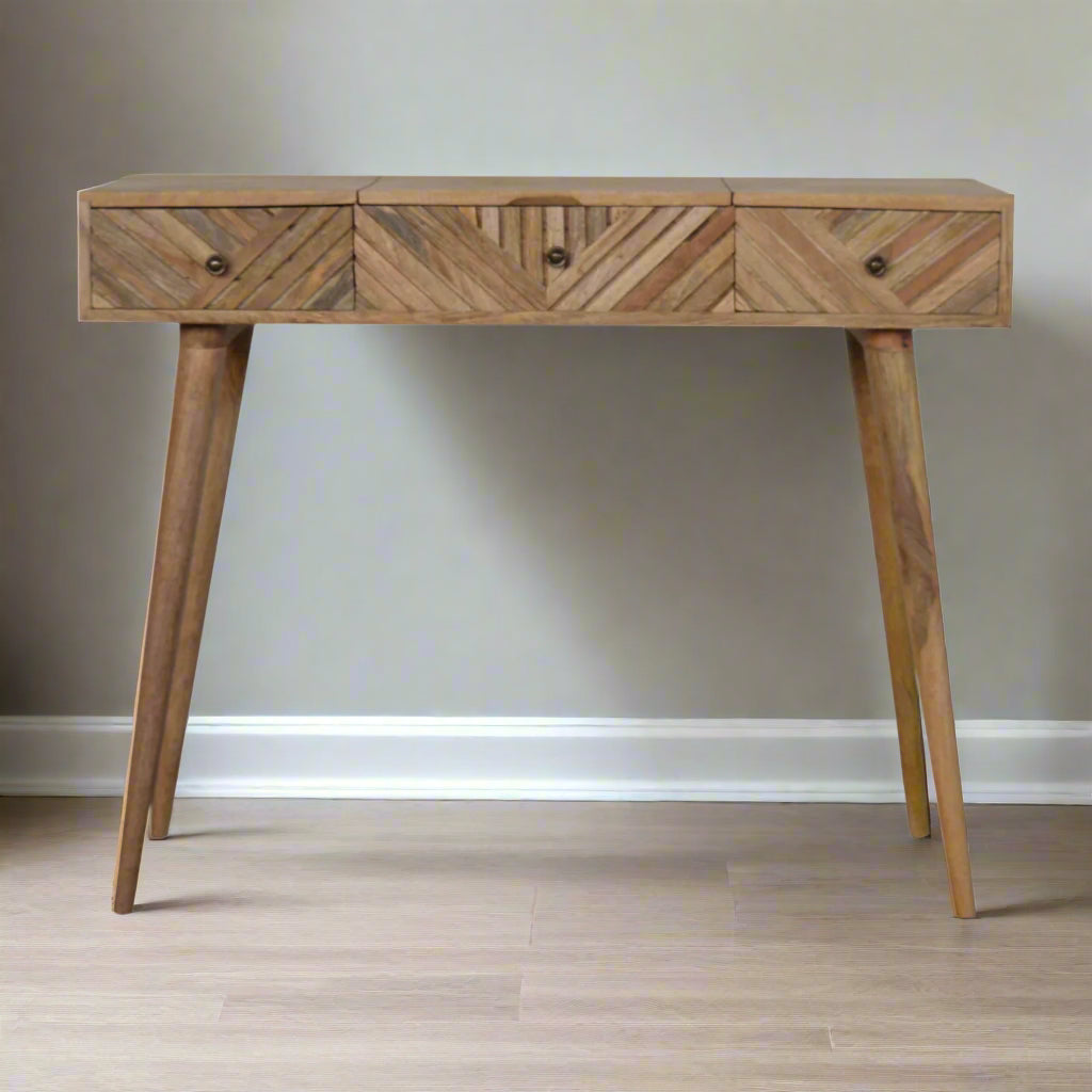 Line carved dressing table, natural finish, front view showing three drawer handles and closed mirror.