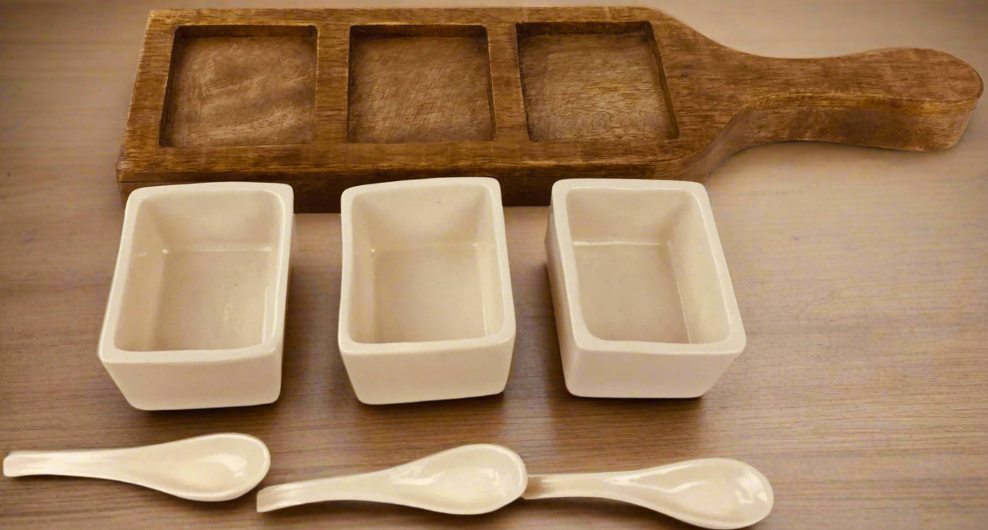 Wooden Tray With 3x Dip Bowls & Spoons 36cm