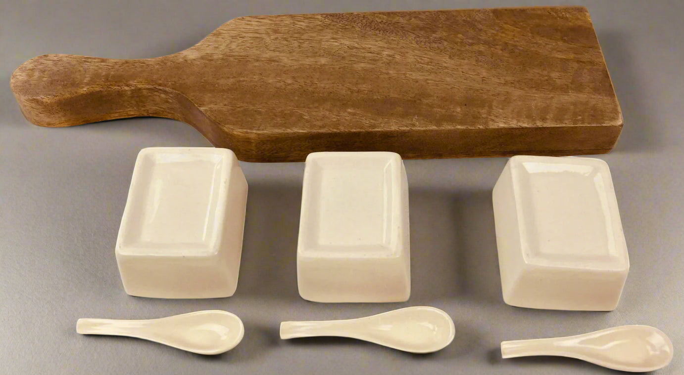 Wooden Tray With 3x Dip Bowls & Spoons 36cm