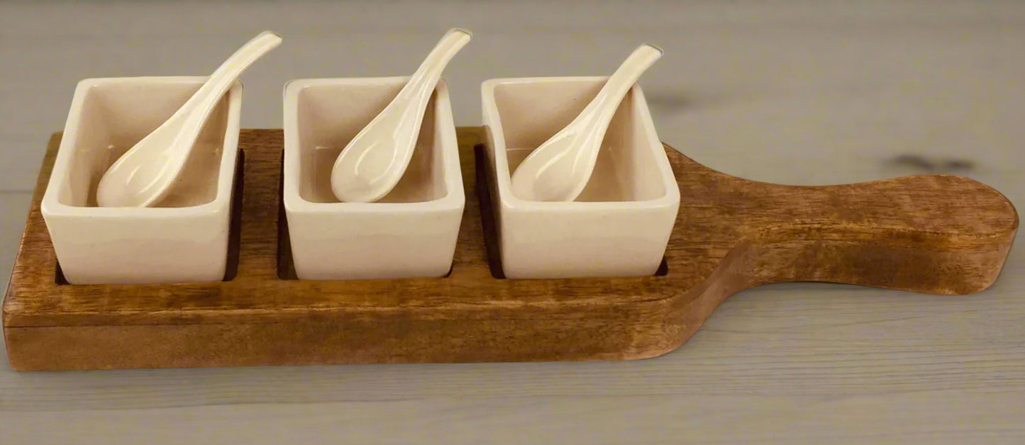 Wooden Tray With 3x Dip Bowls & Spoons 36cm