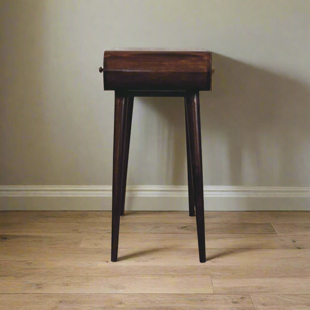 Side view of the rounded dressing table, showing nordic style legs