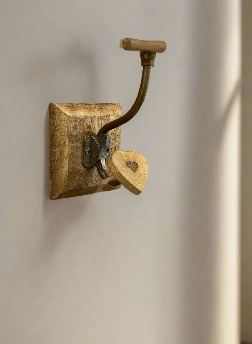 Single Mango Wood Heart Double Hook