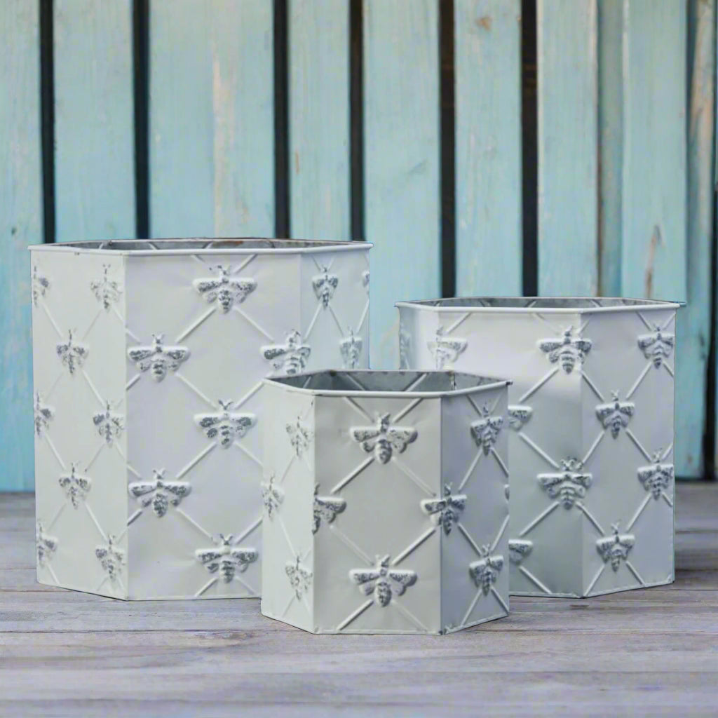 White Hexagonal Zinc Bee Planters Set of Three