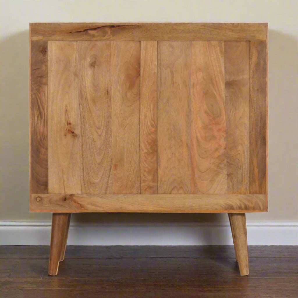Back view of the Acadia Teal Cupboard, showing the solid construction and natural wood finish from behind.