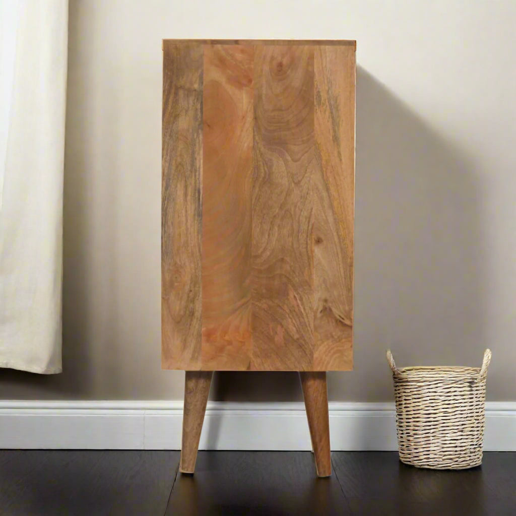 Full side view of the Acadia Teal Cupboard, showcasing its depth and elegant design.