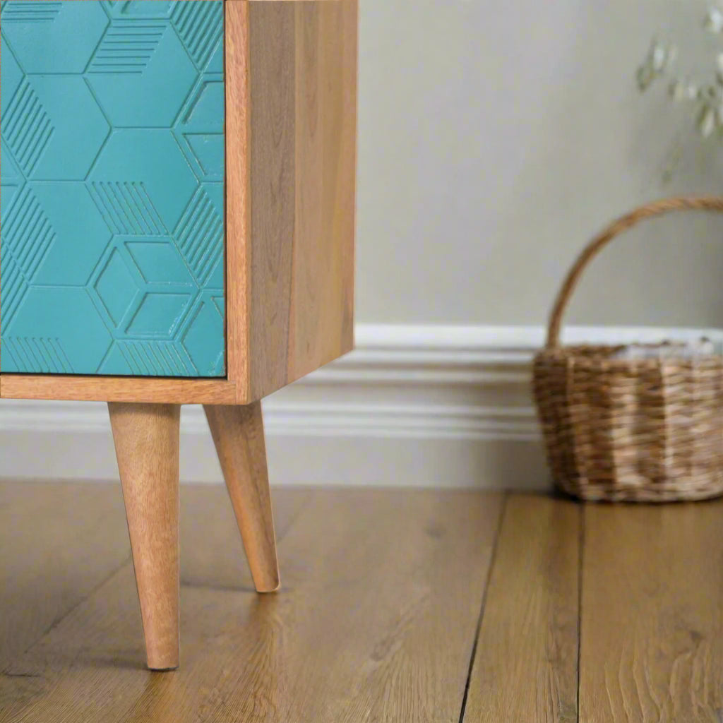 Side view of the Acadia Teal Cupboard, showing its left side, partially open left front door, and the two left Nordic style legs.
