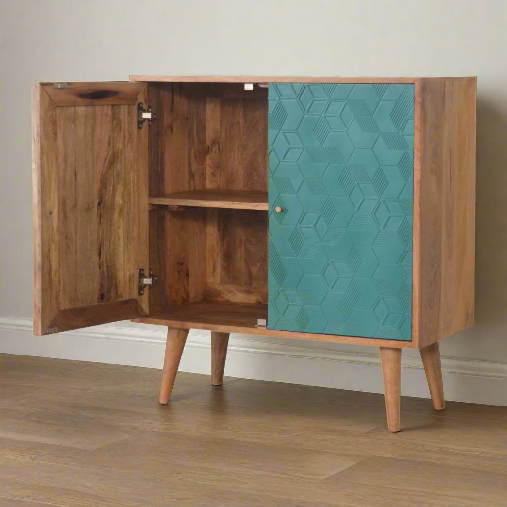 Angled view of the Acadia Teal Cupboard with the right door opened, revealing the internal storage compartments.