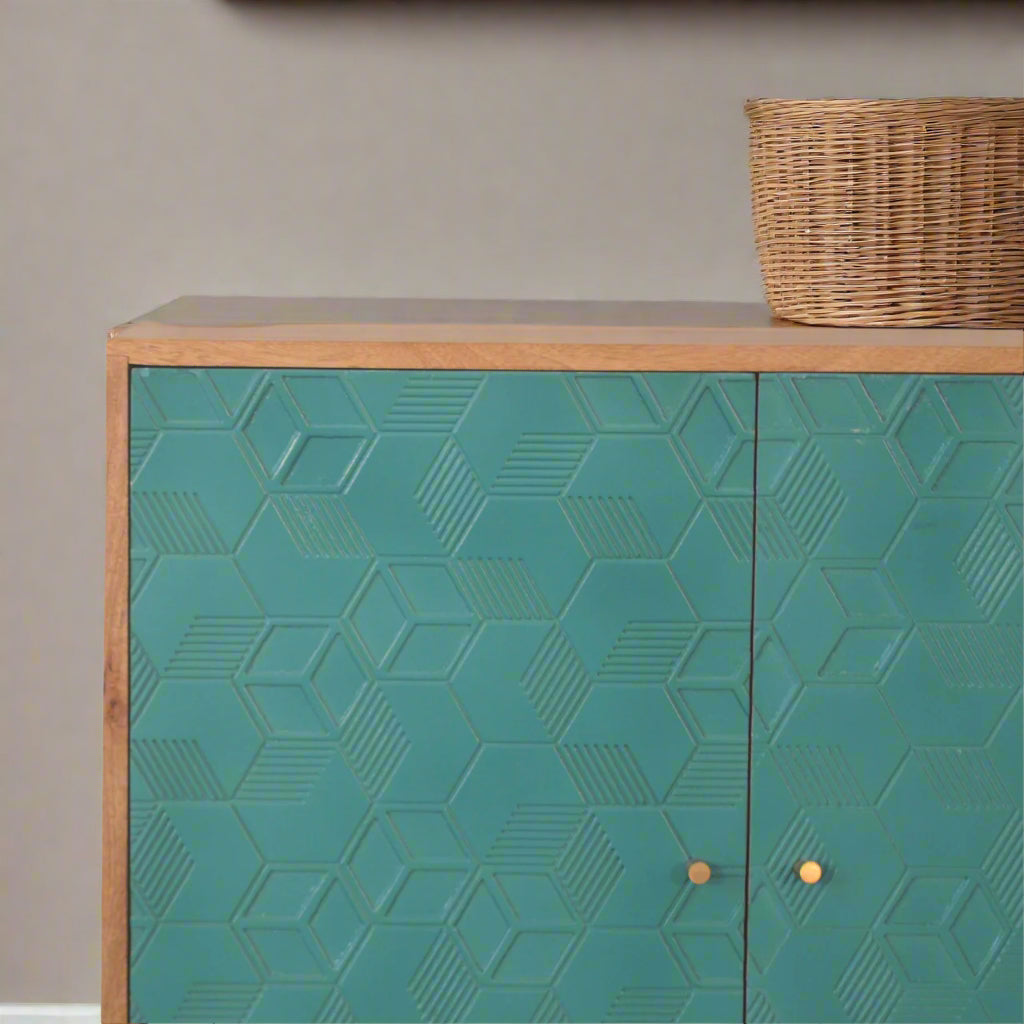 Close-up focus on the top right edge of the Acadia Teal Cupboard, highlighting its classic, well-finished edge.