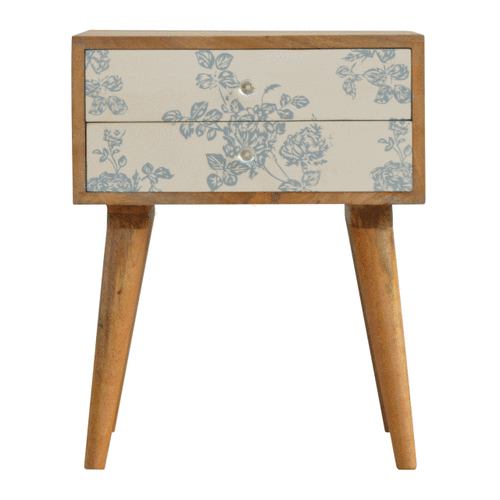 Animated GIF showcasing the Blue Floral Screen Print 2 Drawer Bedside Table from all angles, highlighting its design and features.