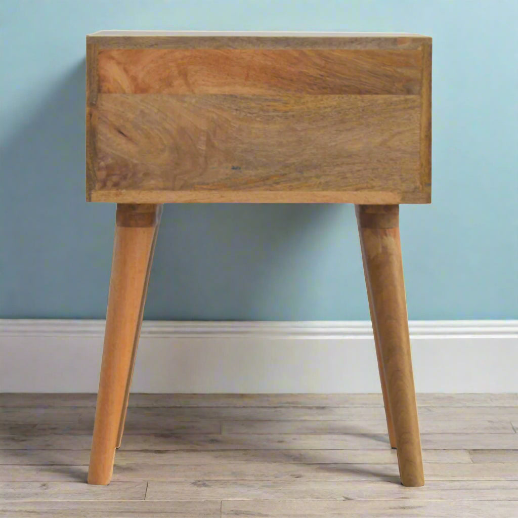 Back view of the Blue Floral Screen Print 2 Drawer Bedside Table, showing its solid construction from behind.