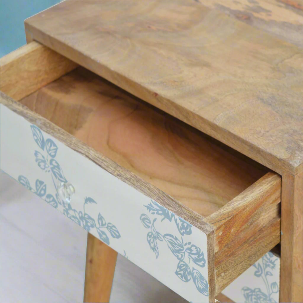 Top-down view of the Blue Floral Screen Print Bedside Table with the upper drawer pulled out, showing storage space.