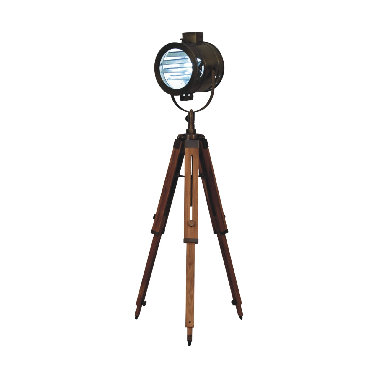 Brass Antique Tripod Fold Spotlight Floor Lamp with its light on, demonstrating its functional illumination and statement presence.
