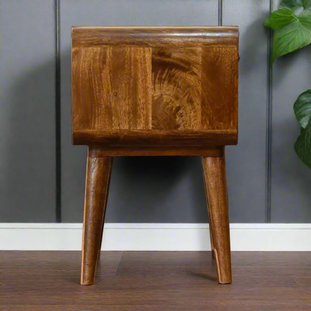 Back view of the curved 2-drawer bedside table in chestnut finish, showcasing its compact design and sturdy Nordic legs.