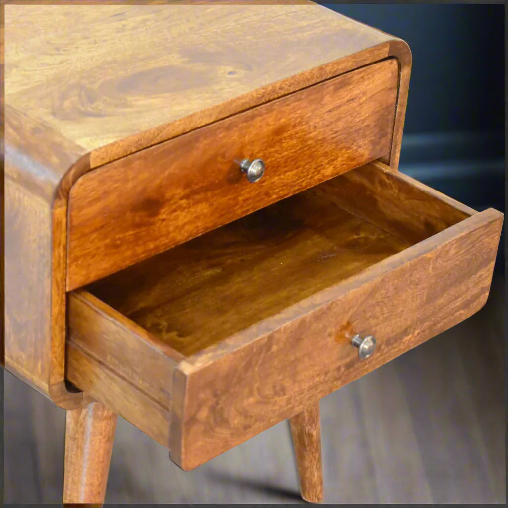 Curved 2-drawer bedside table with one drawer open, revealing the neatly finished interior and ample storage space.