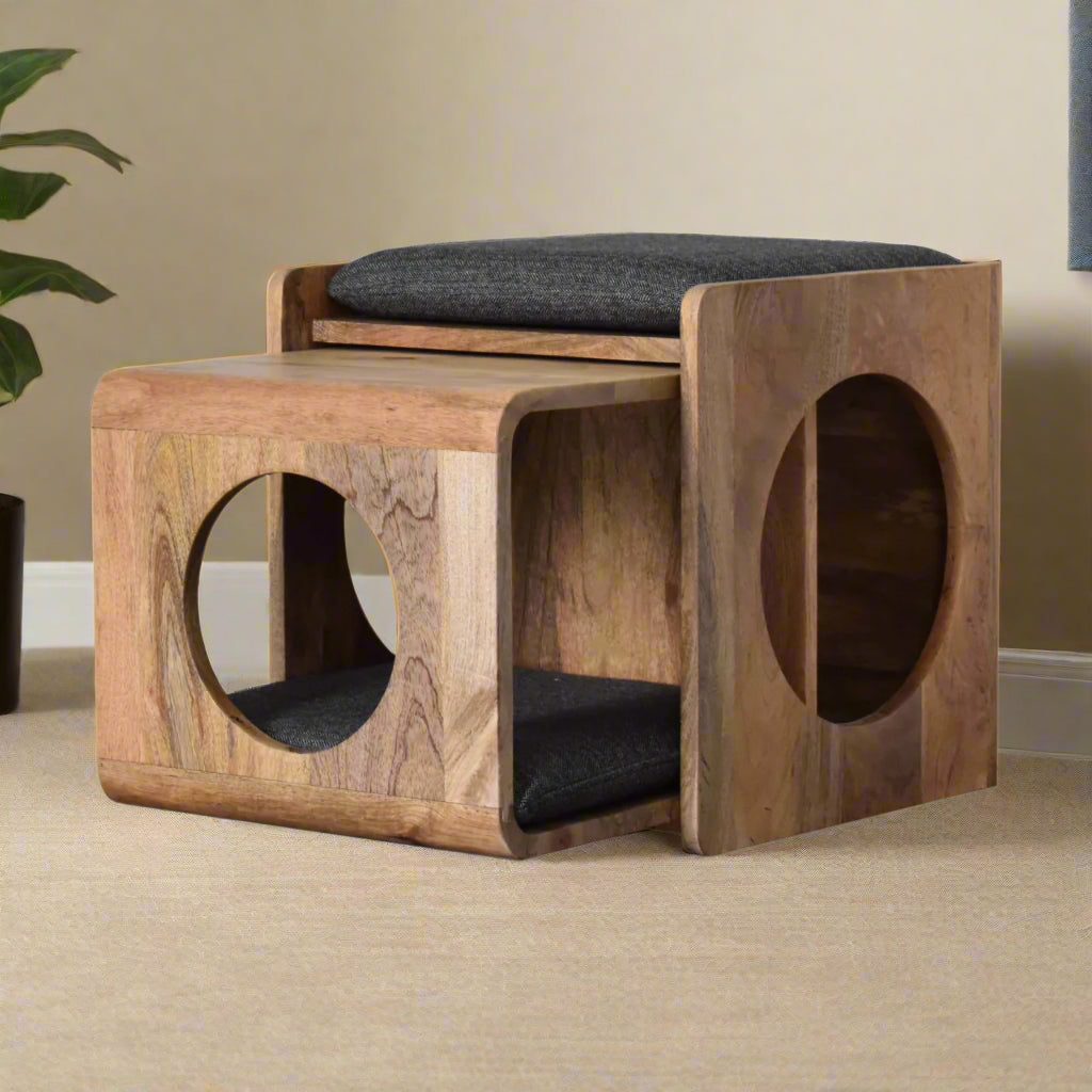 Multi-functional pet bed that doubles as a seat, with the pet bed removed halfway to show the plush interior pad for cats or small dogs.