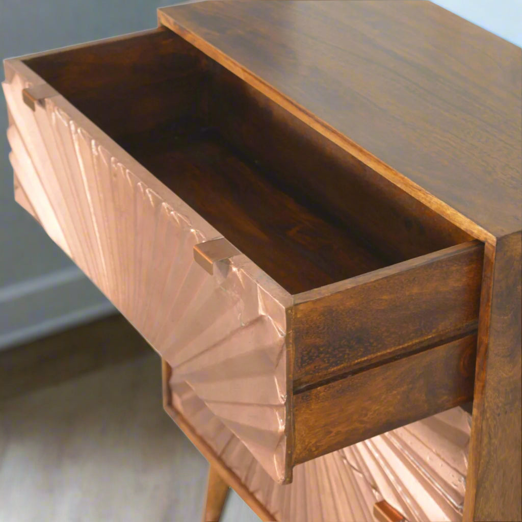 Top down image with drawer open, showing spacious interior storage and premium construction.