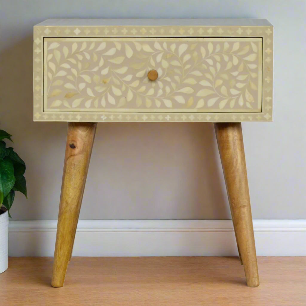 Front view of the Floral Bone Inlay 1 Drawer Bedside Table in grey, showcasing the floral pattern and Nordic style legs.