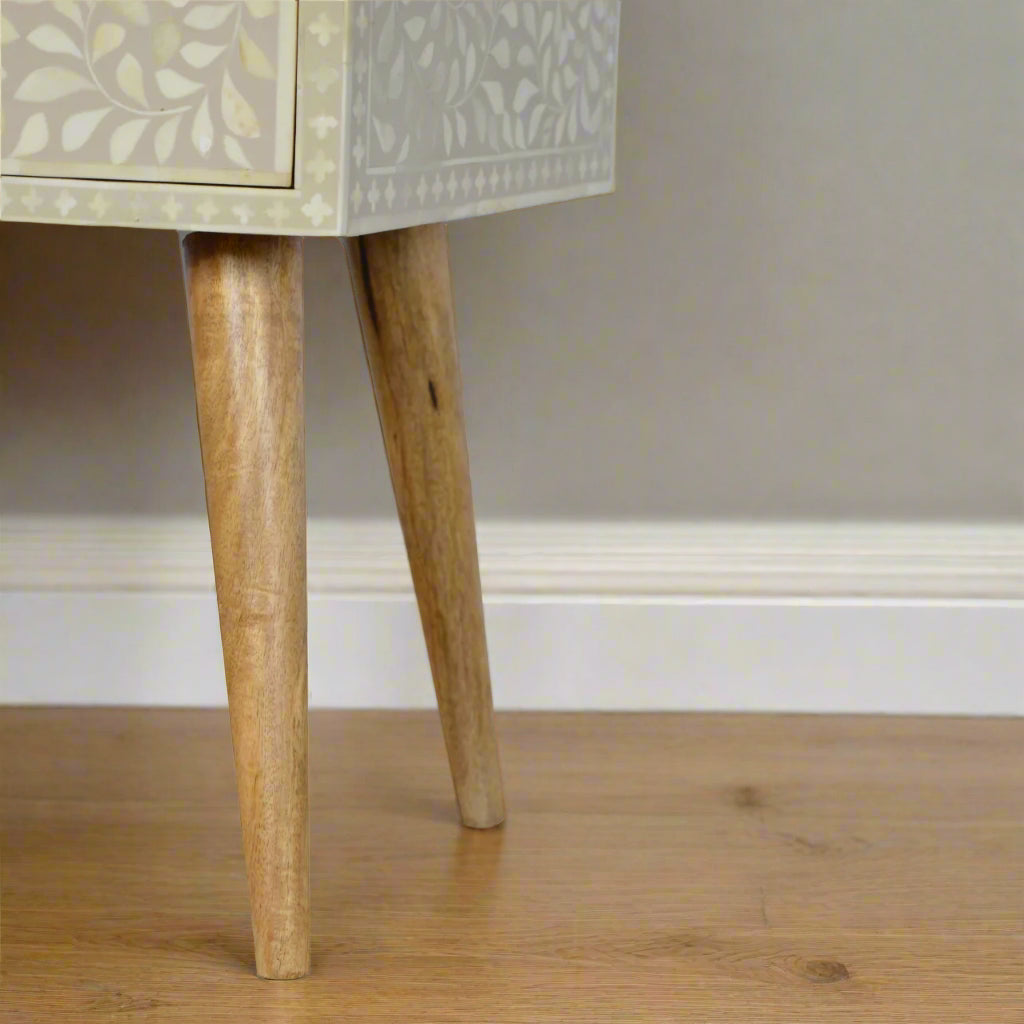 Closer view of the Nordic style legs of the Floral Bone Inlay 1 Drawer Bedside Table in grey, emphasizing their design and sturdy construction.