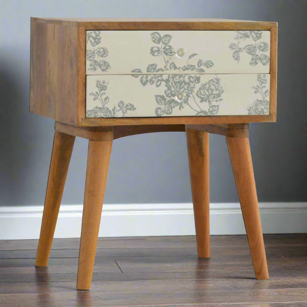 Angled front view of the Green Floral Screen Printed 2 Drawer Bedside Table, showcasing all four Nordic style legs and the printed drawer fronts.