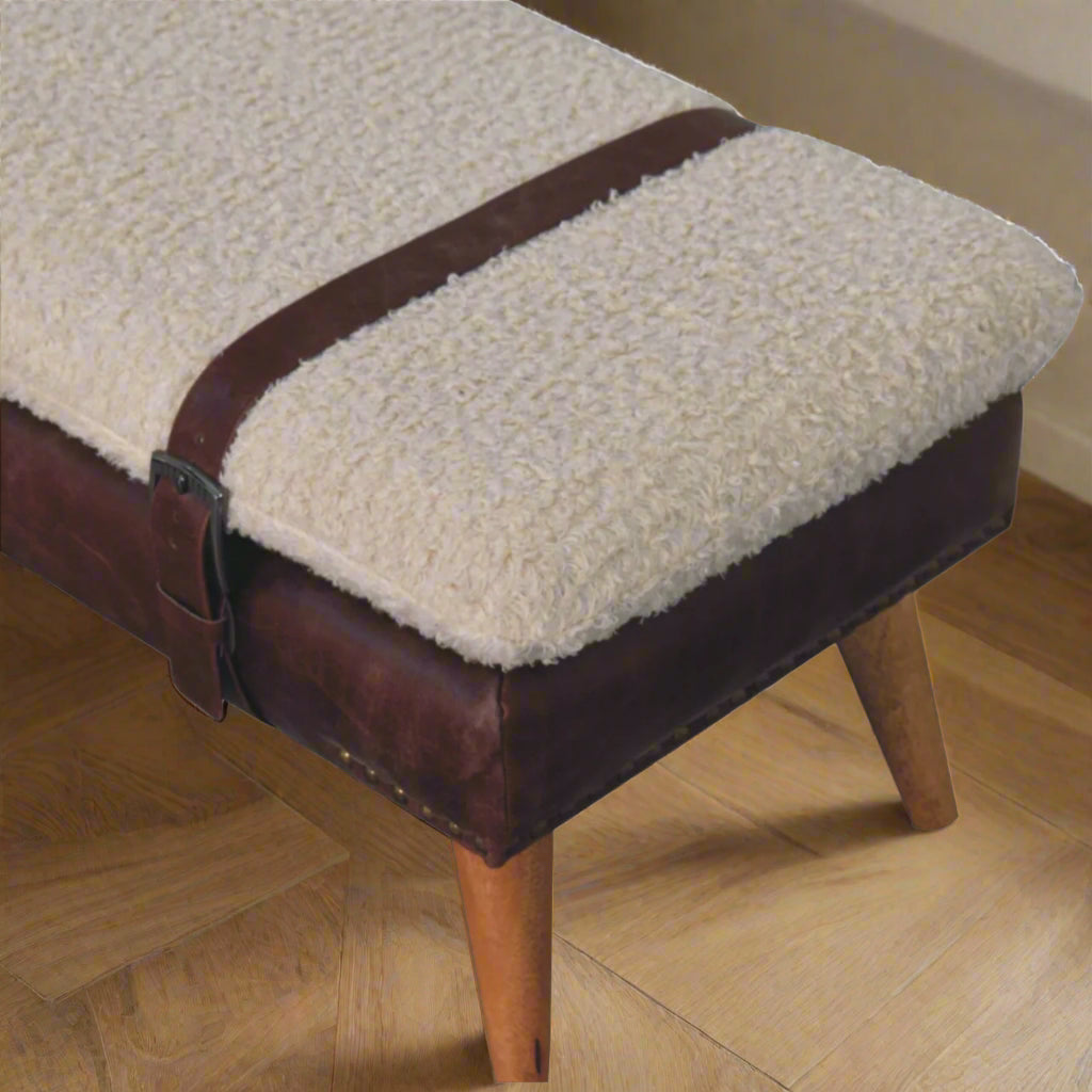 Top angled view of Leather Bouclé X Bench showing corner and Nordic-style wooden leg