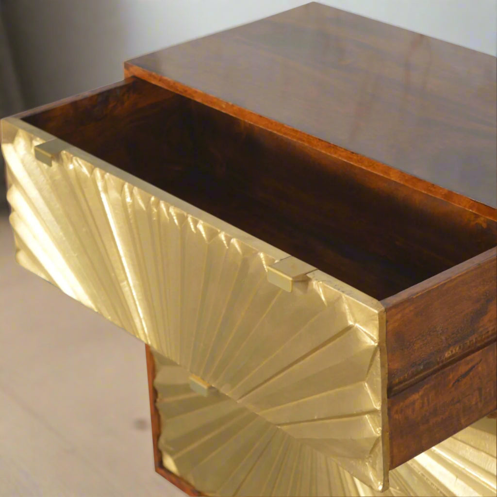 Angled view with top drawer open, revealing spacious interior