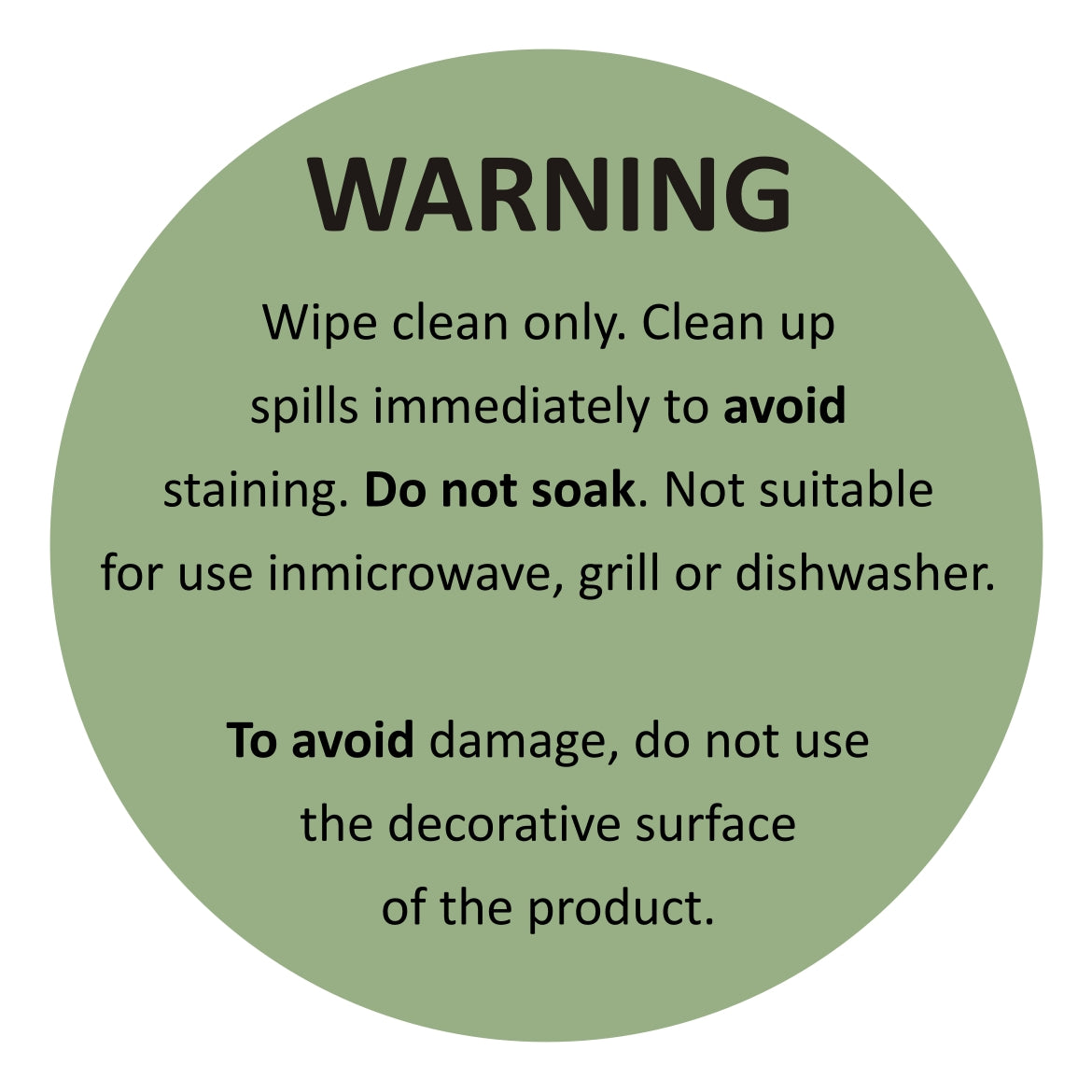 A green circular warning label detailing care instructions for the chopping board, including warnings against soaking and using in microwave or grill.