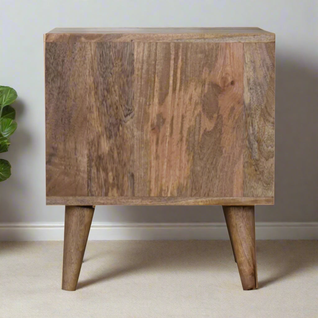 Rear view of the mango wood pet bed, highlighting the natural wood texture and minimalist Scandinavian furniture style.
