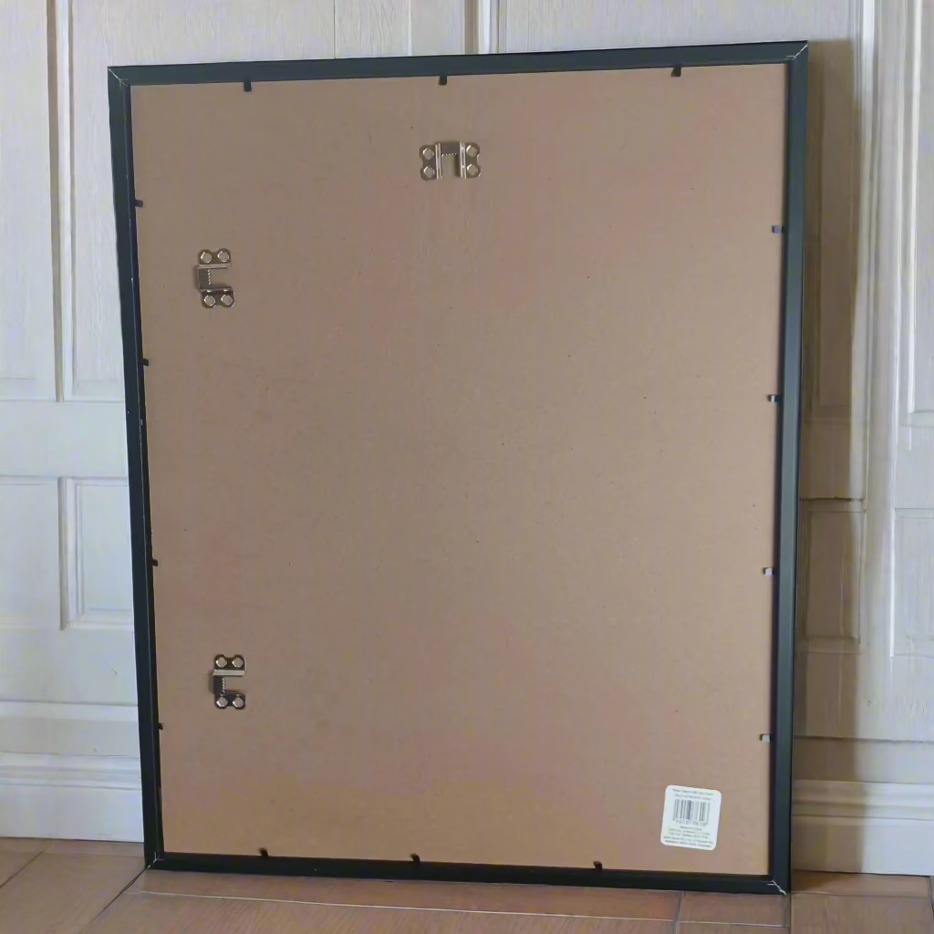 Rear view of the framed Peacock's Gaze print showing hanging hooks and backing design.