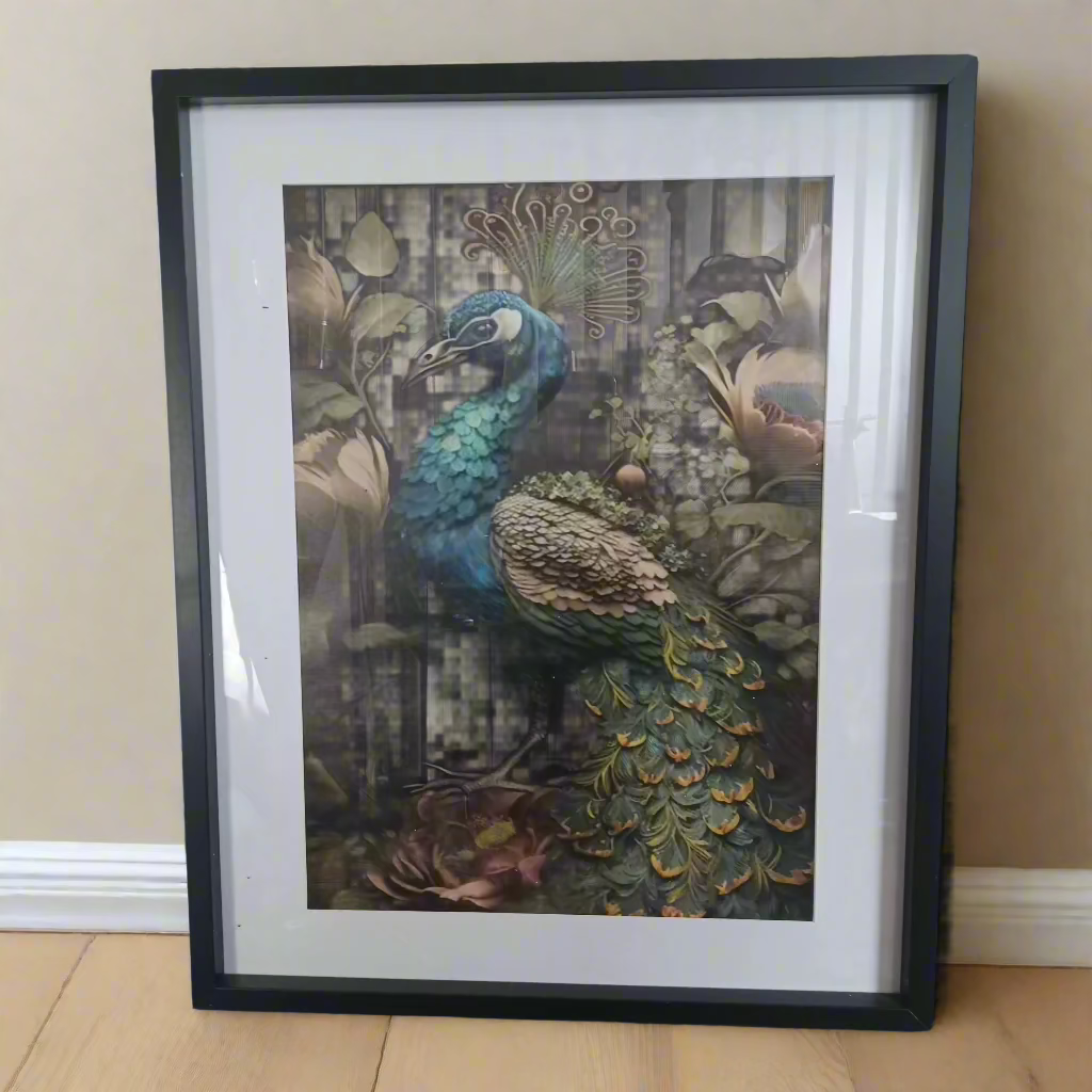 Alternative side view of the framed Peacock's Gaze print showing depth and color detailing.