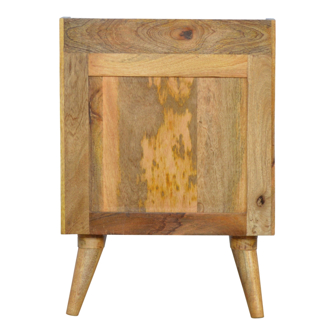 Back view of the solid mango wood Pineapple Screen Print 3 Drawer Bedside Table, displaying its sturdy construction and oak-ish finish.