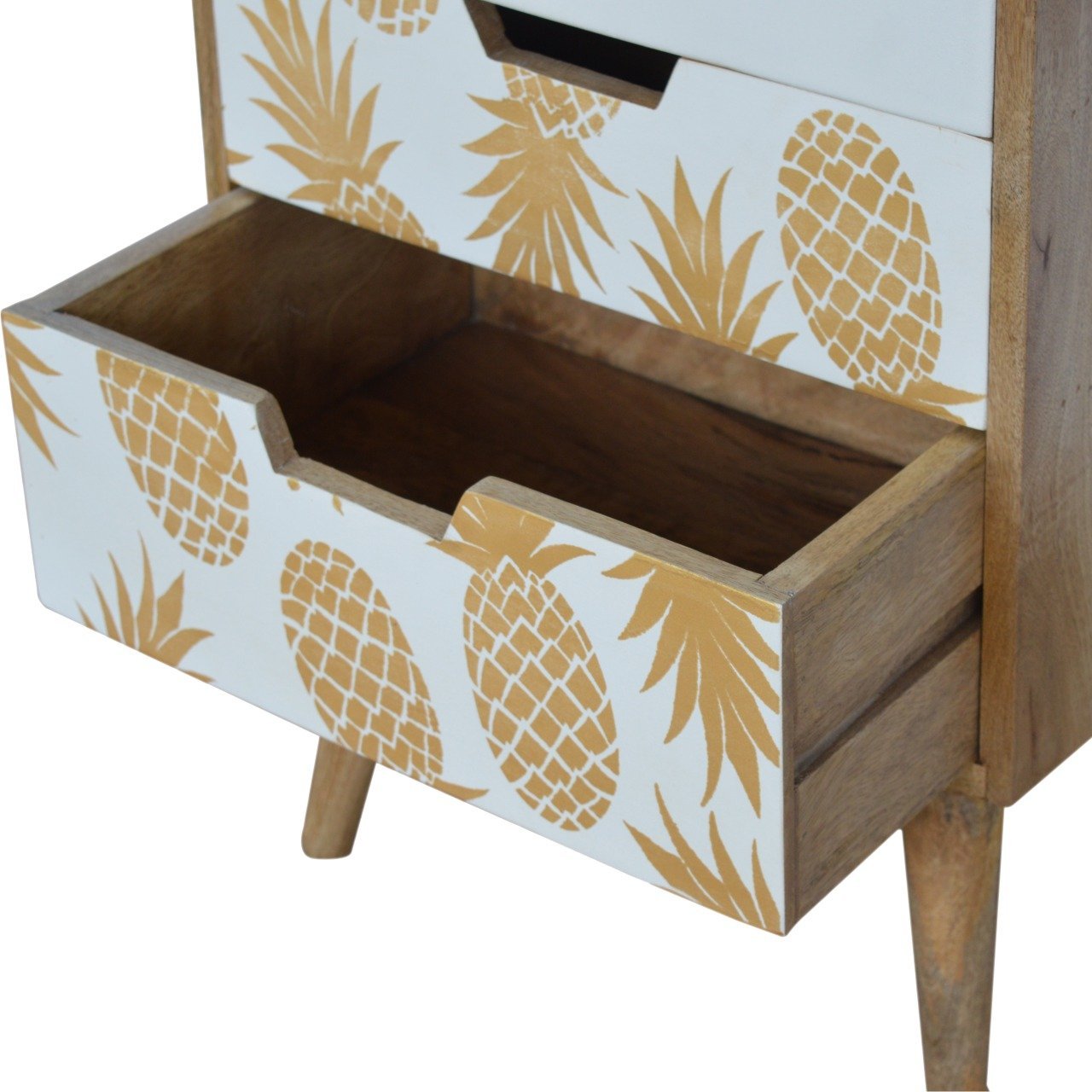 Open drawer of the Pineapple Screen Print Bedside Table, revealing ample storage space and the interior of the pineapple screen printed drawer.