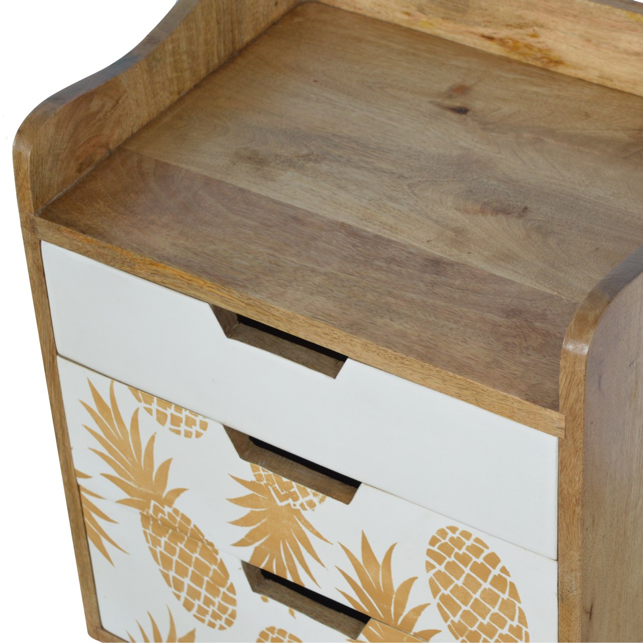Top surface and upper drawers of the Pineapple Screen Print 3 Drawer Bedside Table, highlighting the space for a lamp or ornaments and the distinct drawer designs.