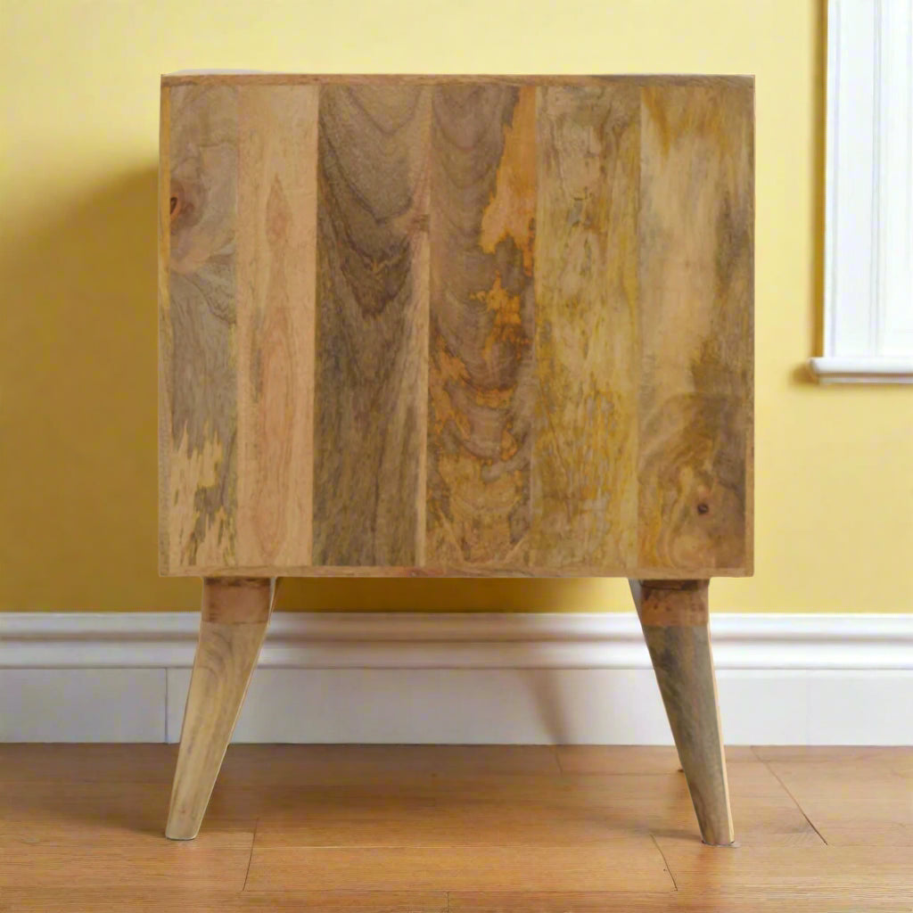Back view of the small pineapple screen print cupboard, highlighting the solid mango wood construction.