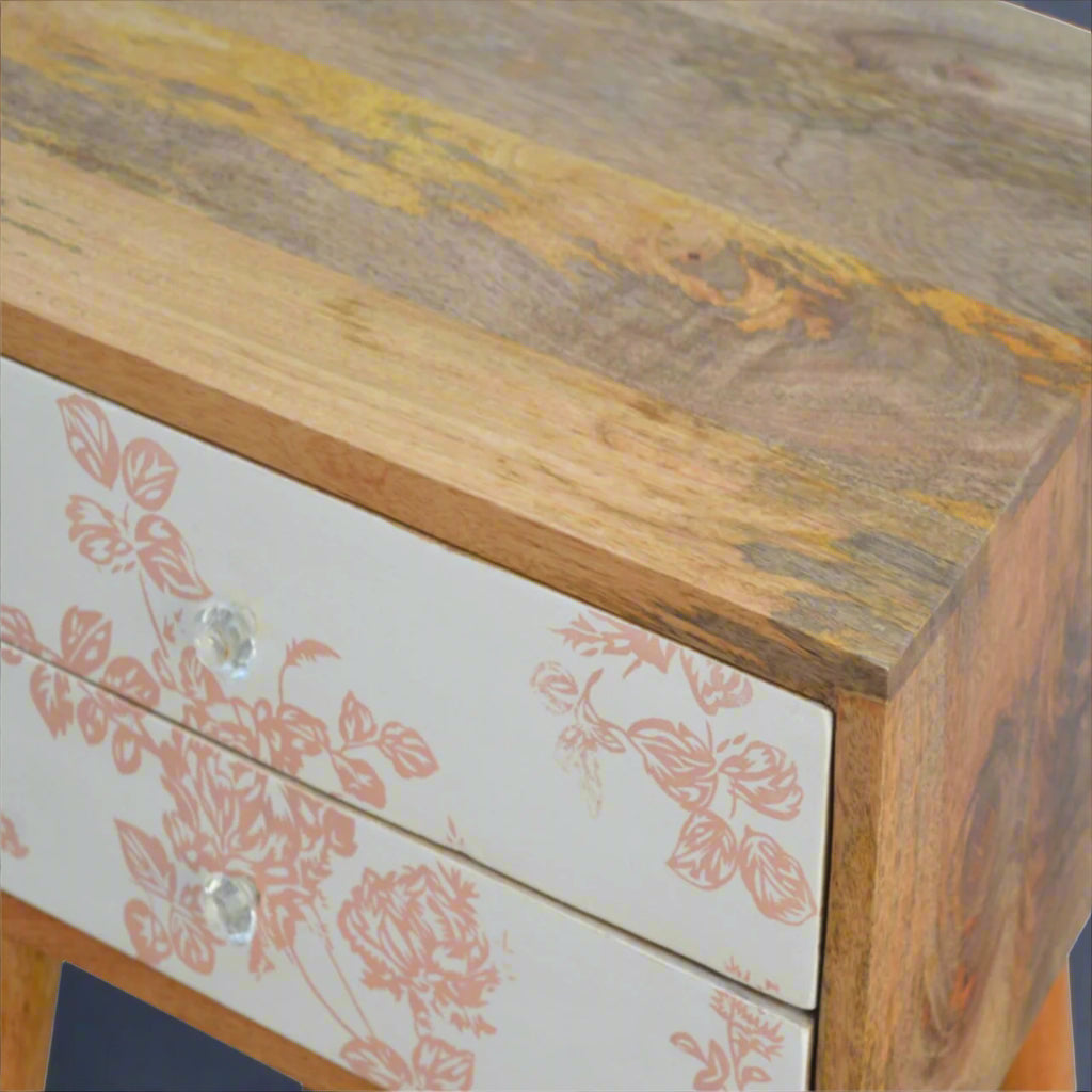 Detailed image of pink floral screen-printed drawer with glass knob on solid mango wood bedside table – Purple Flamingo UK