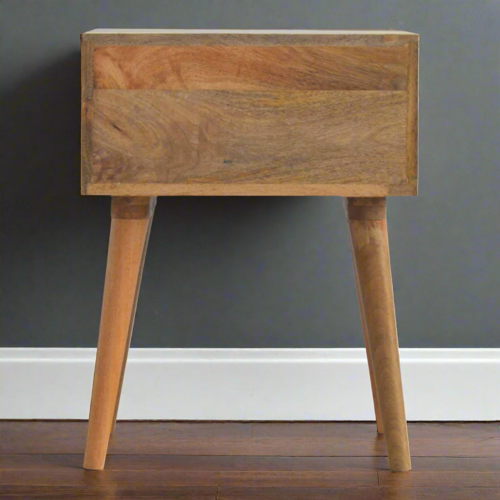 Side view of the bedside table, showing natural wood grain and finish