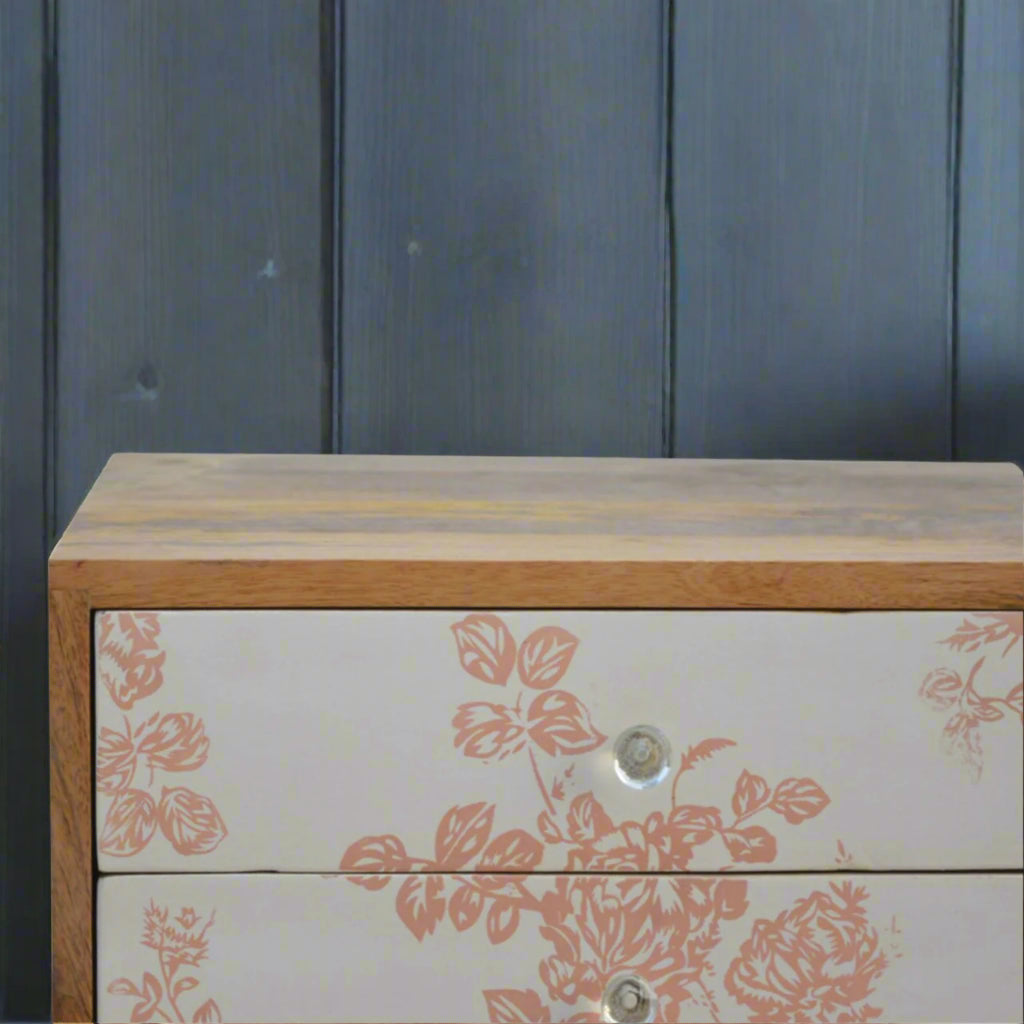 Close-up of the top surface on oak-ish finish mango wood bedside table, showing natural wood grain and finish – Purple Flamingo UK