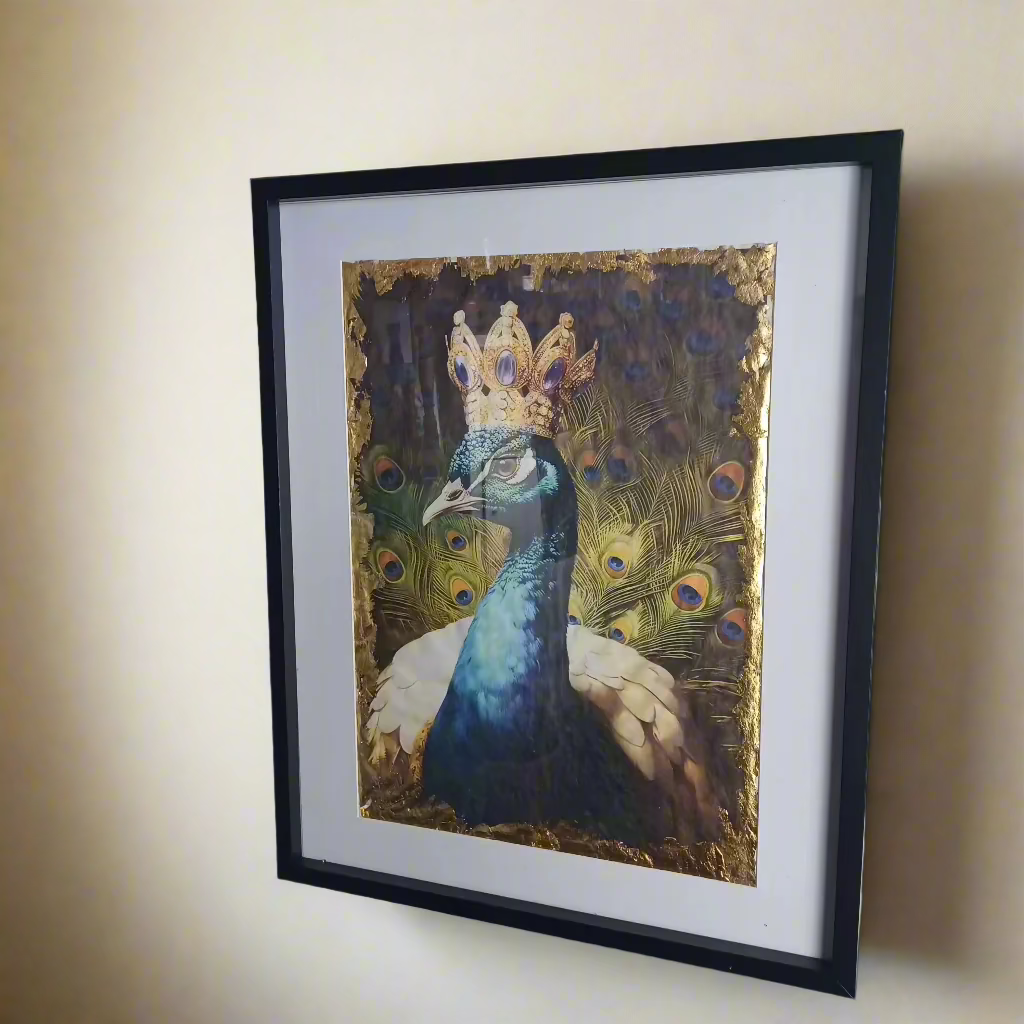 The Prince Peacock artwork displayed on a corner wall with stylish gold details and rich colors.
